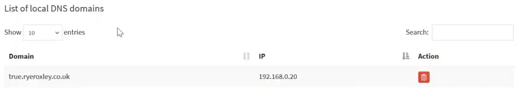 Webpage displaying a list of local DNS domains with a single entry showing the domain 'true.ryeroxley.co.uk' and its corresponding IP address '192.168.0.20'. An 'Action' column includes a red trash bin icon for deletion.