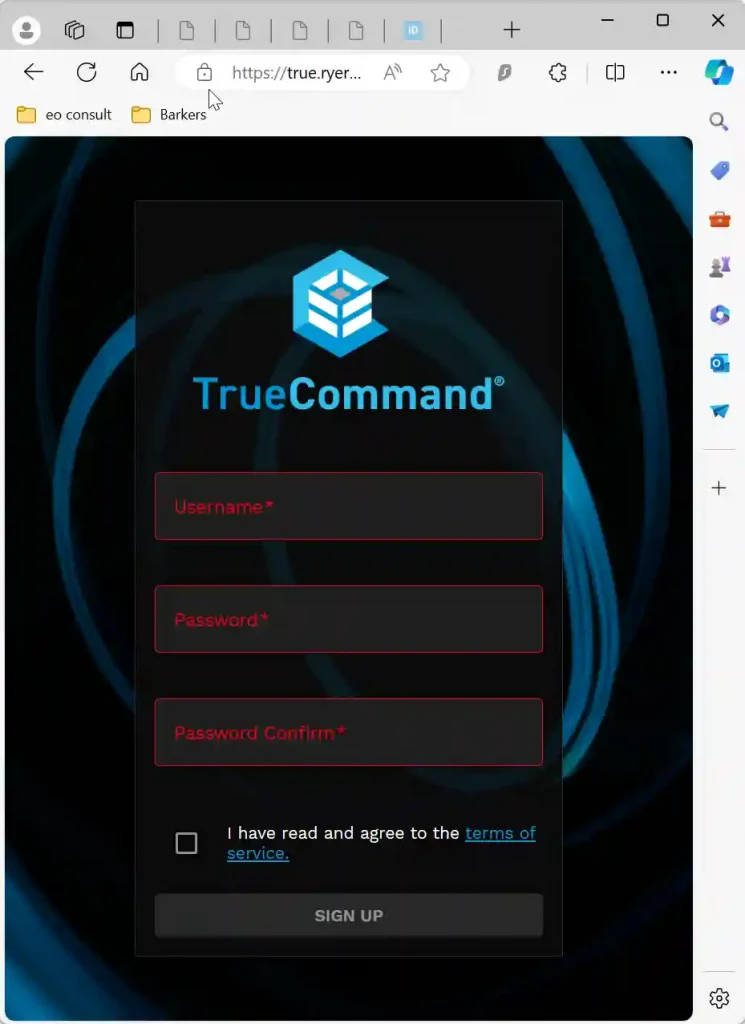 A digital sign-up form for TrueCommand, displaying a sleek blue-themed background with swirling designs. The form includes fields for username, password, and password confirmation outlined in red, with checkboxes for agreeing to terms of service and a grey "SIGN UP" button below.