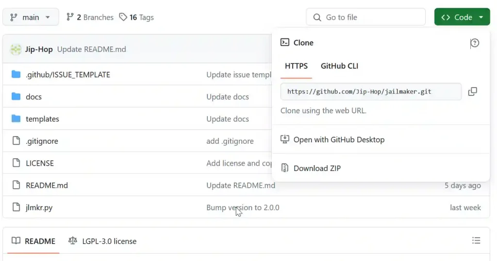 Screenshot of a GitHub repository named Jip-Hop, displaying the main branch with various files and folders.