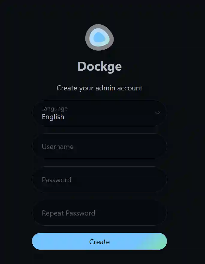 A dark-themed user interface for creating an admin account, featuring fields for language selection, username, password, and repeat password, with a "Create" button at the bottom.