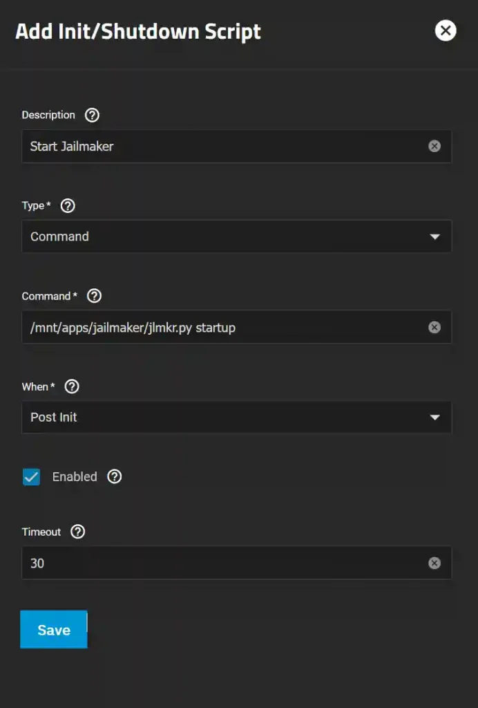 A form interface for adding an initialization or shutdown script in a software application.