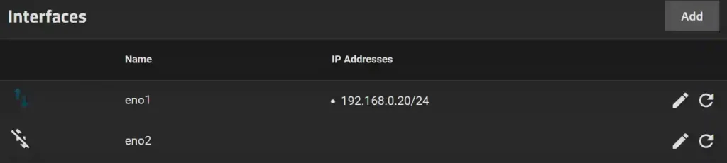 Network interfaces configuration screen showing two interfaces, eno1 and eno2, with IP addresses listed for eno1.