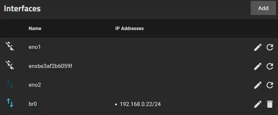 Network interfaces management screen showing four interfaces with their names and statuses. One interface, br0, has an assigned IP address of 192.168.0.22/24.