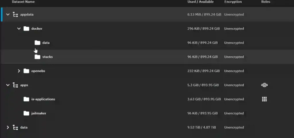 Screenshot of a file management interface showing various datasets with their storage usage and encryption status.